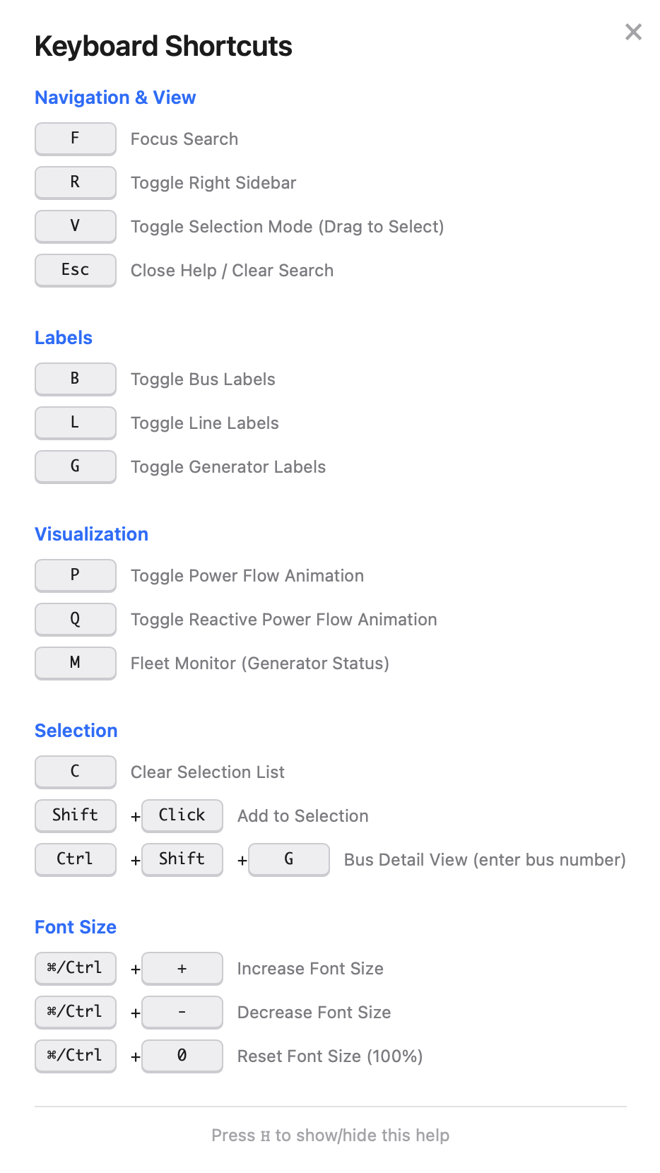 Keyboard shortcuts help panel