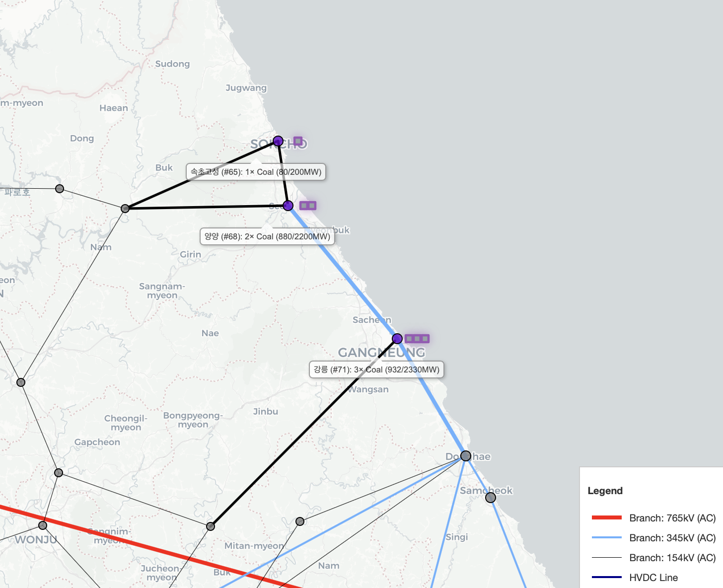Generator labels (units, fuel type, and MW summary)
