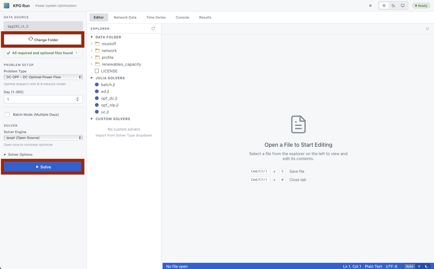 Change folder and solve DC OPF in KPG Run